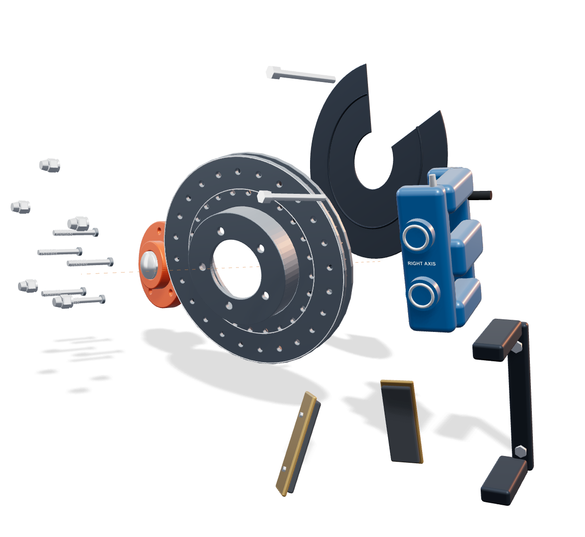 Exploded automotive brake assembly with blue caliper, orange hub, gold pads and silver rotor